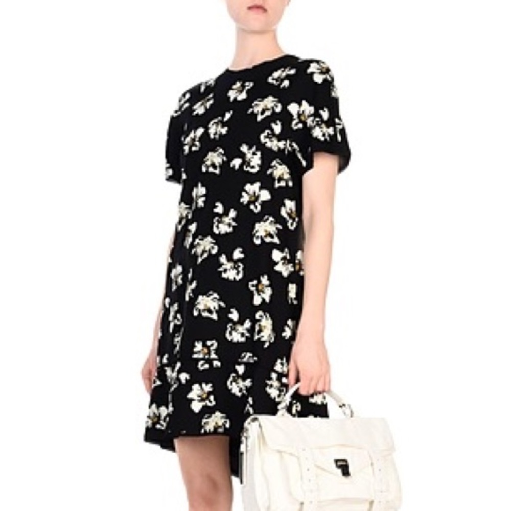 Proenza Schouler Short Sleeve Floral Printed Raw Hem Mini Dress Black Sz 6